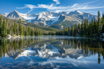 A majestic vista of snow-capped mountains mirrored in the crystal-clear waters of a serene alpine lake, surrounded by towering pine trees and rugged wilderness.