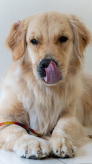 golden retriever portrait licking its mouth