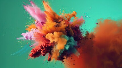 Dynamic explosion colored powder against green screen chromakey background. Abstract backdrop with paint cloud. copy space for text.