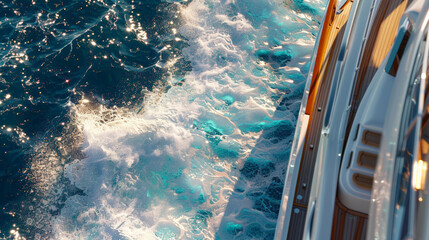 Fototapeta premium top deck view of yacht out of the water, splashing, set against the backdrop of a deep blue ocean. 