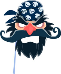 Pirate carnival and photo booth mask. Isolated cartoon vector angry corsair face with black beard, a bandana with skull motifs, and a playful red nose. Disguise fun element in photo booth decorationsV
