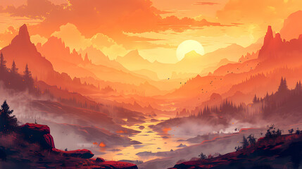 Enchanting Steamy Valley Hot Springs: A Mystical Thermal Landscape in Flat Design Backdrop   Illustration