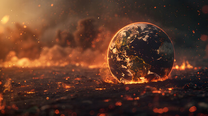 Global catasrtophe concept illustration. earth on flames, Global warming