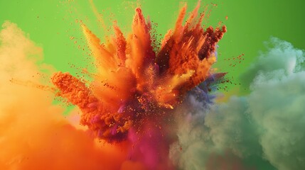 Dynamic explosion colored powder against green screen chromakey background. Abstract backdrop with paint cloud. copy space for text.