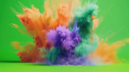 Fototapeta na wymiar Dynamic explosion colored powder against green screen chromakey background. Abstract backdrop with paint cloud. copy space for text.
