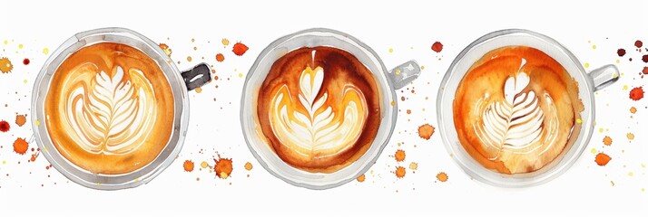 watercolor coffee latte art in three cups, white background, top view, clipart style.