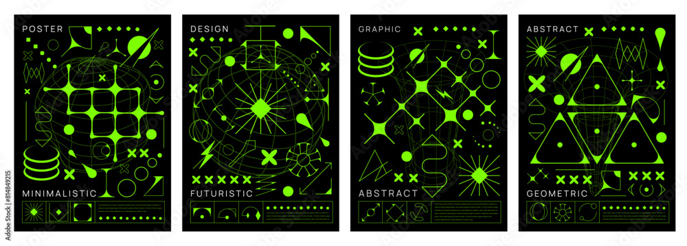 Poster acid brutal y2k posters with vector geometric shapes and abstract graphic elements. neon green line 