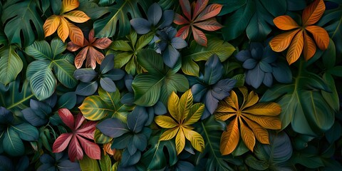 Fototapeta premium background of tropical leaves in green and yellow shades
