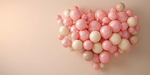 A romantic 3D artwork featuring a heart shape formed by pink and cream balloons, with a neutral background providing copy space