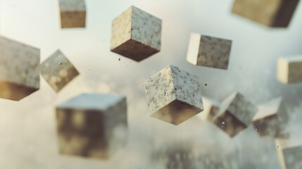A sky full of white cubes, which are scattered all over the sky. The cubes are of different sizes and are flying in different directions. The scene gives off a sense of chaos and disarray