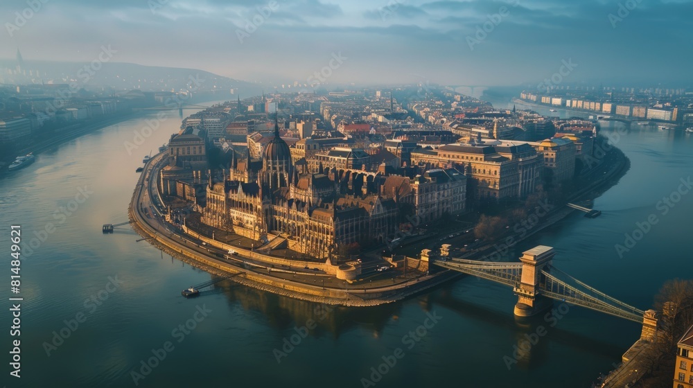 Wall mural aerial view of the city of budapest, hungary, bisected by the majestic danube river, featuring the h - Wall murals
