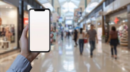 hand is holding mobile phone with a blank screen mockup with on a blurred shopping mall background