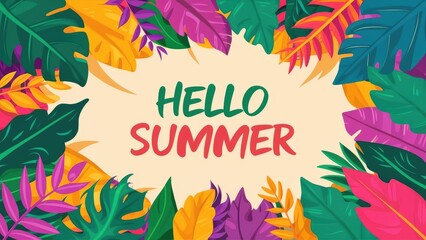 hello Summer concept design, summer panorama, abstract illustration with jungle exotic leaves, colorful design