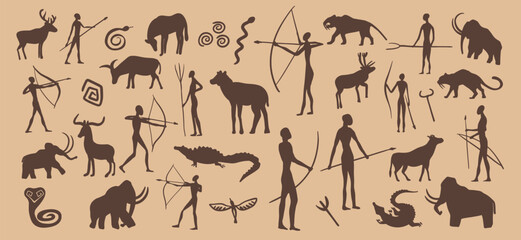 Prehistoric stone drawing, cave painting. Vector ancient primitive caveman sketches, petroglyph symbols of human hunters with spears and bows, animals, snakes or birds. ornaments on rock cave wall