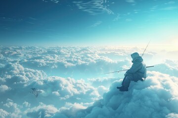 3D illustration of a fisherman fishing above the clouds - Powered by Adobe