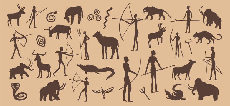 Prehistoric stone drawing, cave painting. Vector ancient primitive caveman sketches, petroglyph symbols of human hunters with spears and bows, animals, snakes or birds. ornaments on rock cave wall
