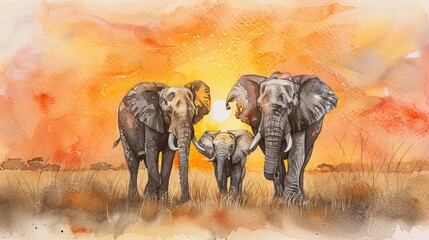 Cute watercolor depiction of a family of elephants, their trunks intertwined, set against the backdrop of a golden savannah sunset