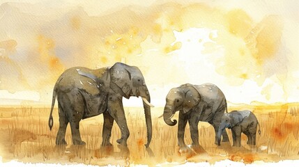 Cute watercolor depiction of a family of elephants, their trunks intertwined, set against the backdrop of a golden savannah sunset