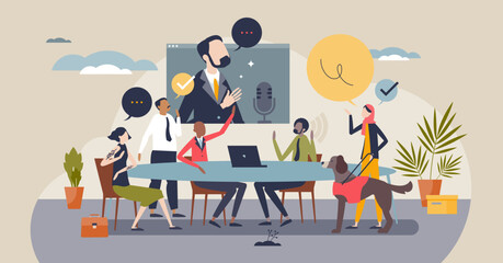 Diversity and inclusion in workplace with work employees tiny person concept. Different individuality, genders, personality, style and ethnic members in office vector illustration. Interaction scene.