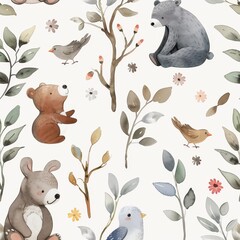 Cute watercolor template featuring a bear and rabbit surrounded by birds, ideal for birthday invitations or nursery textiles, seamless forest pattern