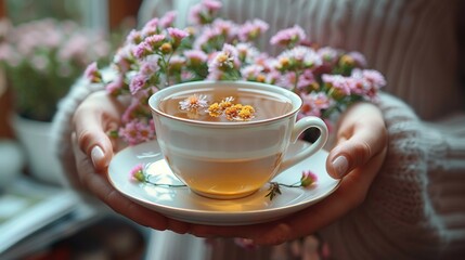   A person holds a cup of tea and a plate with a flower arrangement in the center of the cup and saucer