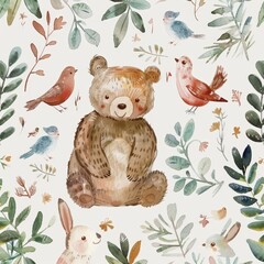 Fototapeta premium Cute watercolor template featuring a bear and rabbit surrounded by birds, ideal for birthday invitations or nursery textiles, seamless forest pattern