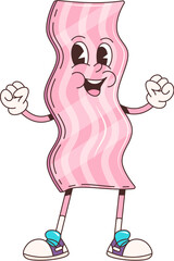 Cartoon retro groovy bacon character. Isolated vector cheerful meaty hippie slice smiles with joy, bringing crispy delight to the breakfast table. Happy food personage in nostalgic funky style of 60s