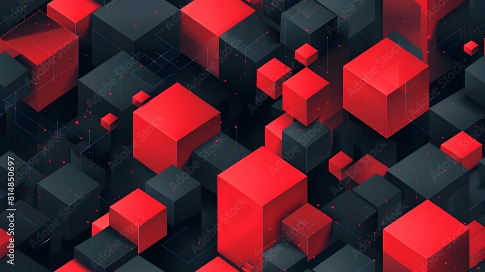 Poster striking geometric cube arrangement in contrasting red and black tones showcasing a futuristic and m