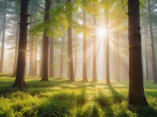 Silent Forest in spring with beautiful bright sun rays