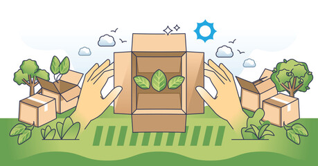 Eco packaging and ecological parcel material choice outline hands concept. Biodegradable box for order fulfilling and packing vector illustration. Waste reduction with nature friendly solutions.