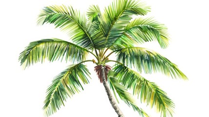Obraz premium Detailed hand-drawn illustration of a coconut palm in lush green, set starkly against a white background to emphasize its vibrant tropical beauty