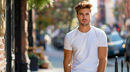 male model in a white cotton t-shirt at the city street