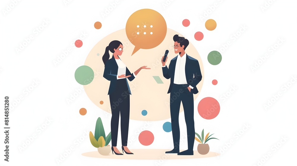 Poster two business professionals in formal attire engaged in animated discussion with speech bubbles