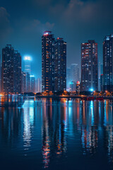 Obraz premium A glistening city skyline illuminated against the night sky, with dazzling lights reflecting in the calm waters of an urban river.