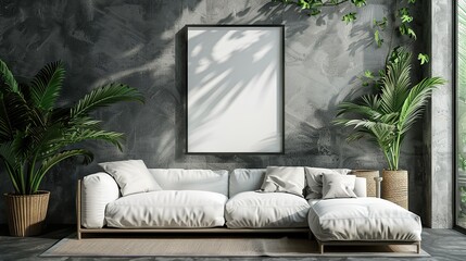 Frame mockup, ISO A paper size. Living room wall poster mockup. Interior mockup with house background. Modern interior design. 3D render. copy space for text.