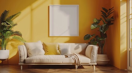 Frame mockup, ISO A paper size. Living room wall poster mockup. Interior mockup with house background. Modern interior design. 3D render. copy space for text.