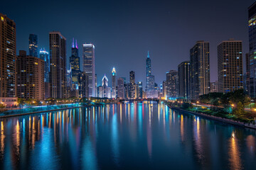 Obraz premium A glistening city skyline illuminated against the night sky, with dazzling lights reflecting in the calm waters of an urban river.