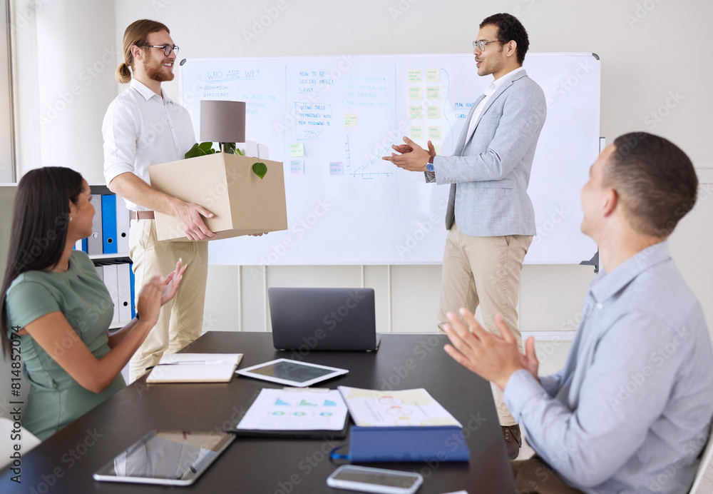 Sticker Applause, congratulations and meeting with business people in boardroom of office to welcome new employee. Box, clapping and smile of staff in workplace for bonus, job opportunity or promotion