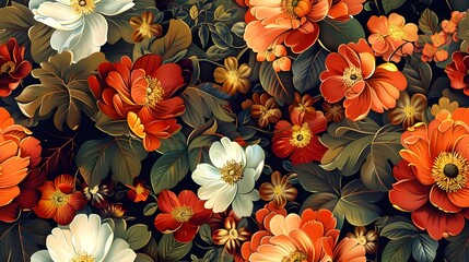 Fototapeta premium Vibrant Autumnal Floral Pattern with Lush Foliage and Vibrant Petals
