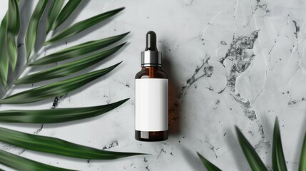 minimal mockup for product presentation, cosmetic dropper bottle with blank label with palm leaf on grey color background