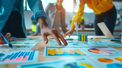 Obraz premium Diverse team of startup founders strategizing their business plan with digital charts and graphs.