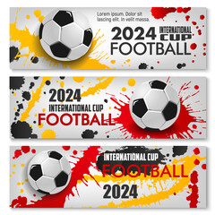Naklejka premium Euro soccer cup Germany 2024 banners features football balls and splashes of color in red, black, and yellow, representing the German flag. Dynamic vector horizontal cards for the upcoming tournament
