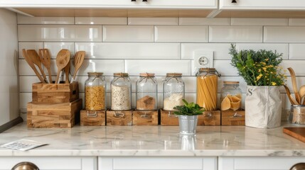 a minimalistic white kitchen counter adorned with jars of pasta and oil against a backdrop of subway tiles, offering a perfect mockup for product display or banner design.