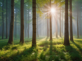 Silent Forest in spring with beautiful bright sun rays