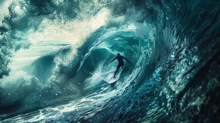 Generate a visual representation of a surfer catching a barrel wave