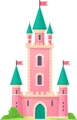 Cartoon castle, kingdom palace. Isolated vector medieval whimsical building. Magic princess pink castle with towering turrets, crenellated walls, and a drawbridge, fluttering flags and greenery around
