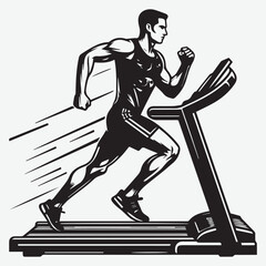 Athlete on treadmill vector silhouette illustration. Sport man running on treadmill in gym vector silhouette. Running track cardio training. Fitness  instructor personal trainer workout. 