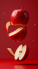 Pieces of apple float and separate., bright red color background, professional studio photography, hyperrealistic, minimalism, negative space, high detailed, sharp focus