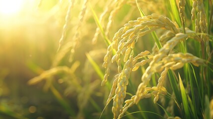 Naklejka premium Golden hour illumination over a lush rice field at sunset.
