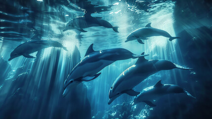 Obraz premium A dynamic underwater scene as light filters through moving water, creating a dance of colors and light on a group of swimming dolphins. 